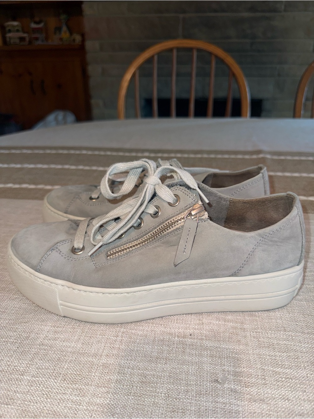 Paul Green Light Gray Suede Platform Sneakers with Side Zip